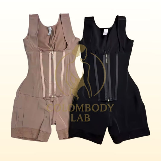 Two body shapers, one brown and one black, with 'Colombo Body Lab' branding on a light beige background.